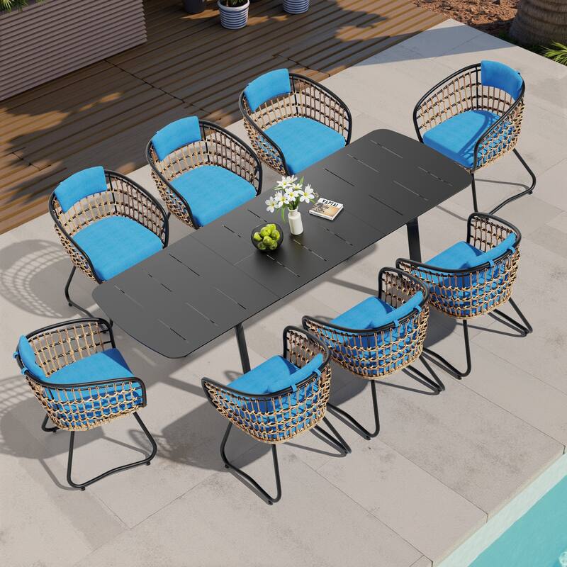 Outdoor Expandable Patio Dining Table Set Rectangular Extension Table with Chairs - Blue