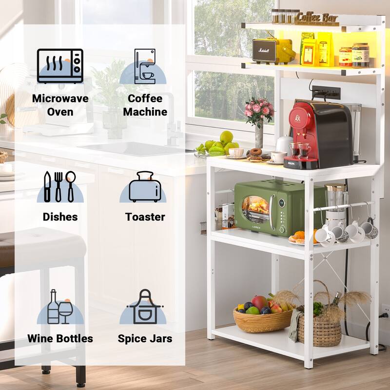 Bakers Rack Kitchen Storage Shelf with Power Outlets and RGB LED Lights,5 Tiers Coffee Bar Station,Microwave Stand