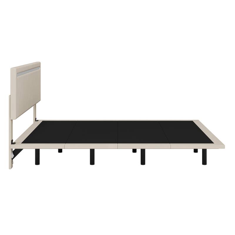 Modern Upholstered Floating Bed Frame with LED Lights, Vertical Channel Design Velvet Fabric Bed, Queen Size, Beige