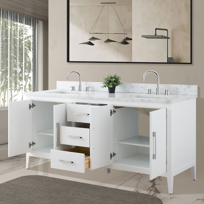 Vanity Art 72" Double Sink Bathroom Vanity Cabinet with Engineered Marble Top