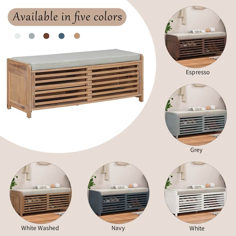 Distressed Shutter Shoe Bench with Cushion, Entryway Storage Bench with Sliding Door & Shelves, 43.3" Wide