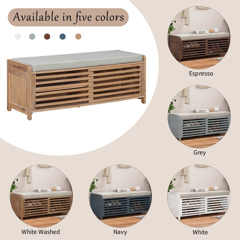 Shoe Storage Bench with Padded Seat Cushion and 2 Sliding Distressed Shutter Doors, Entryway Shoes Bench Storage Ottoman