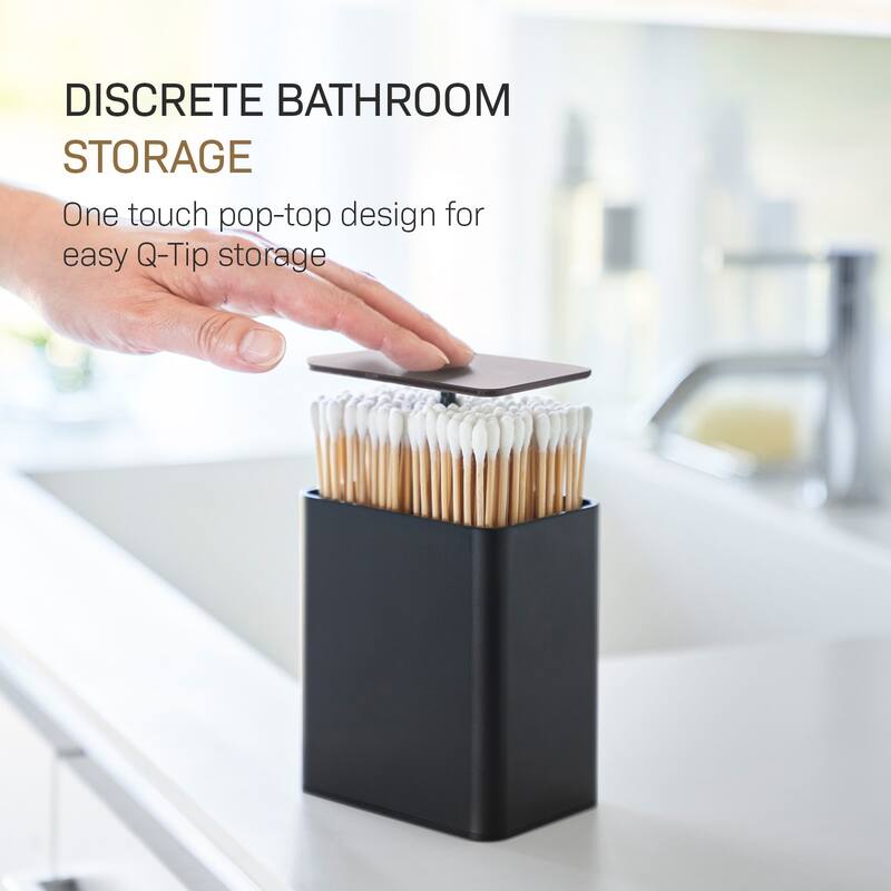 Yamazaki Home Cotton Swab Push-Top Case, ABS Plastic, 200 cotton swabs, Lid - L 2.6 x W 3.78 x H 4.25 inches