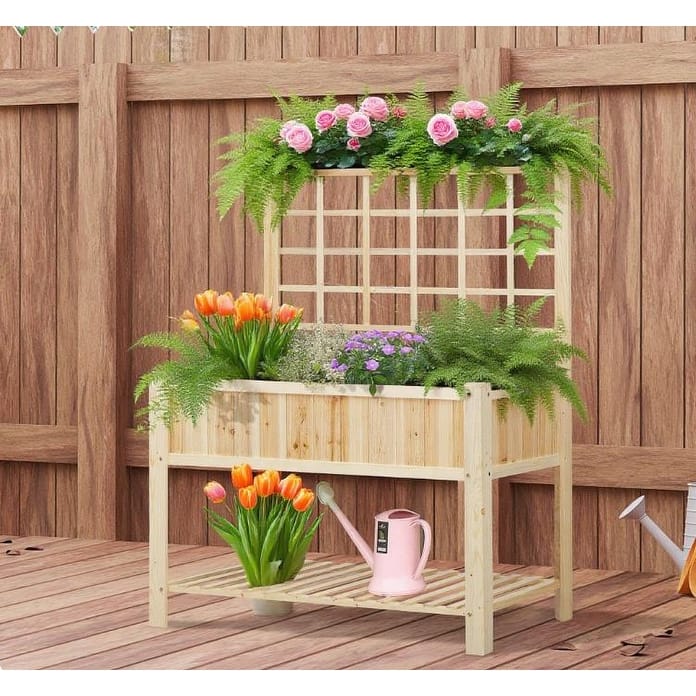 Decorative 2-Level Garden Planter Box with Storage Shelf and Trellis