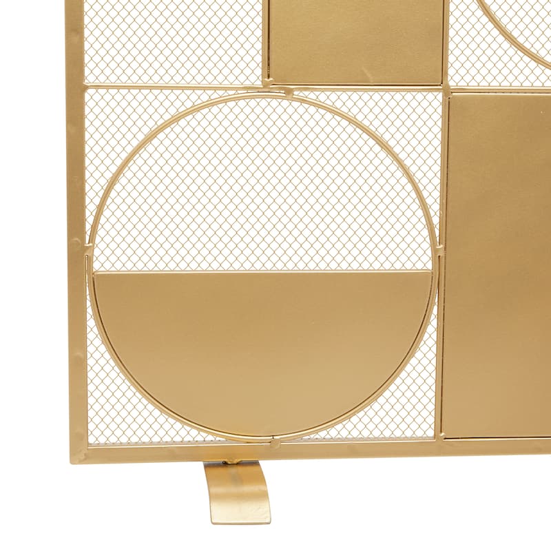 Gold Metal Cut-Out Single Panel Geometric Fireplace Screen with Mesh Netting