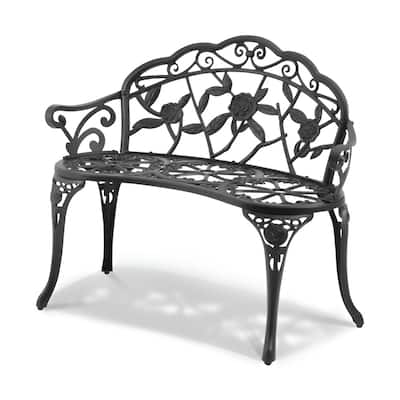 Black Metal Outdoor Garden Bench, Floral Design, 480lb Patio Seating - 22.4” L x 38.8” W x 31.1” H