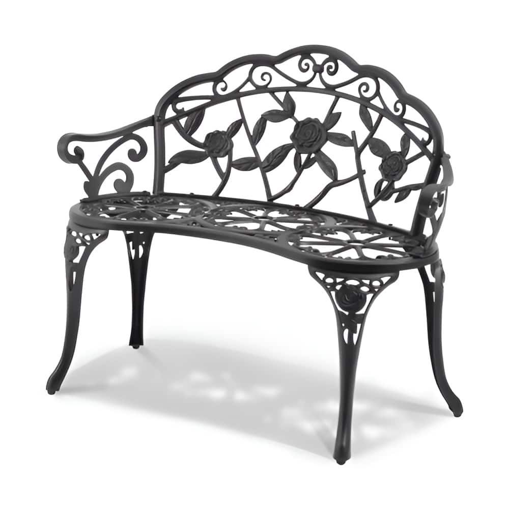 Black Metal Outdoor Garden Bench, Floral Design, 480lb Patio Seating - 22.4” L x 38.8” W x 31.1” H