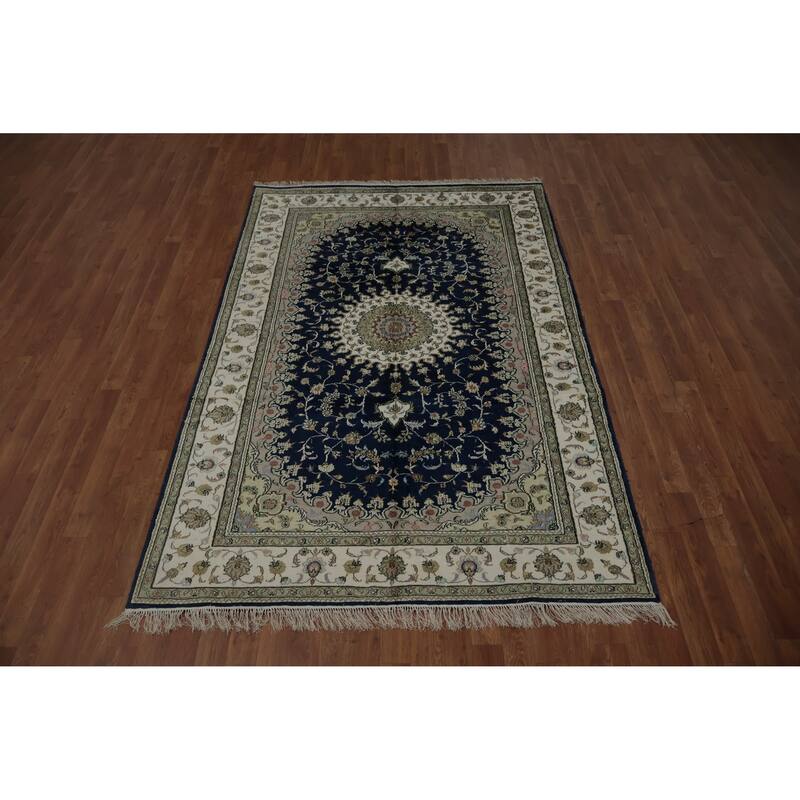 Hand Knotted Oriental Silk Carpet Traditional Floral Navy Blue & Blues Kashmar Area Rug - 7' 10'' X 5' 0''