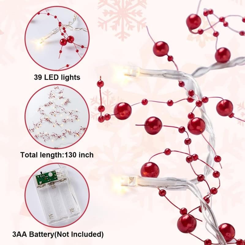10.8ft Christmas Berry Garland String Light Beaded, 39 LED Decorative Prelit Garland for Fireplace Christmas Holiday