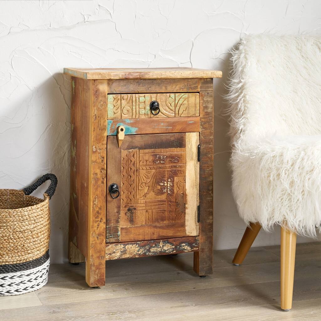 Charming Recycled Wood Side Table with Versatile Storage Options