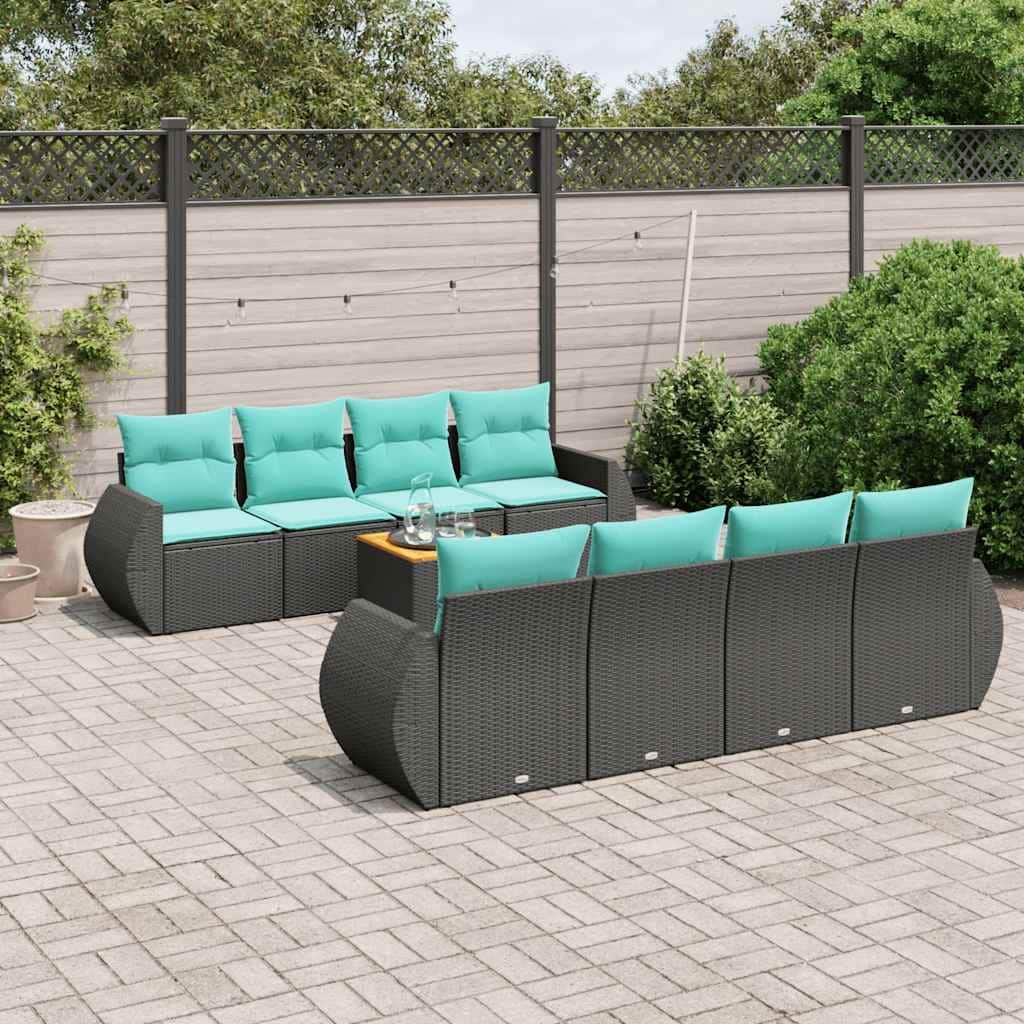 vidaXL 9 Piece Patio Sofa Set with Cushions Black Poly Rattan - 21.7x 24.4x 27.2