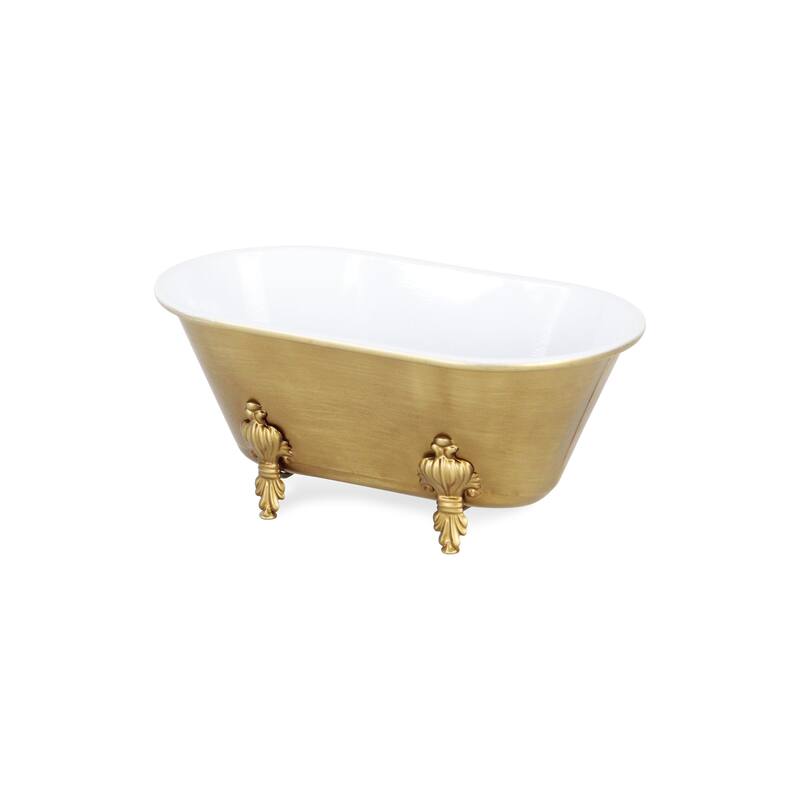 HomeRoots 12" Gold And White Metal Hand Painted Decorative Tub - 12.00 in. x 5.00 in. x 6.50 in.