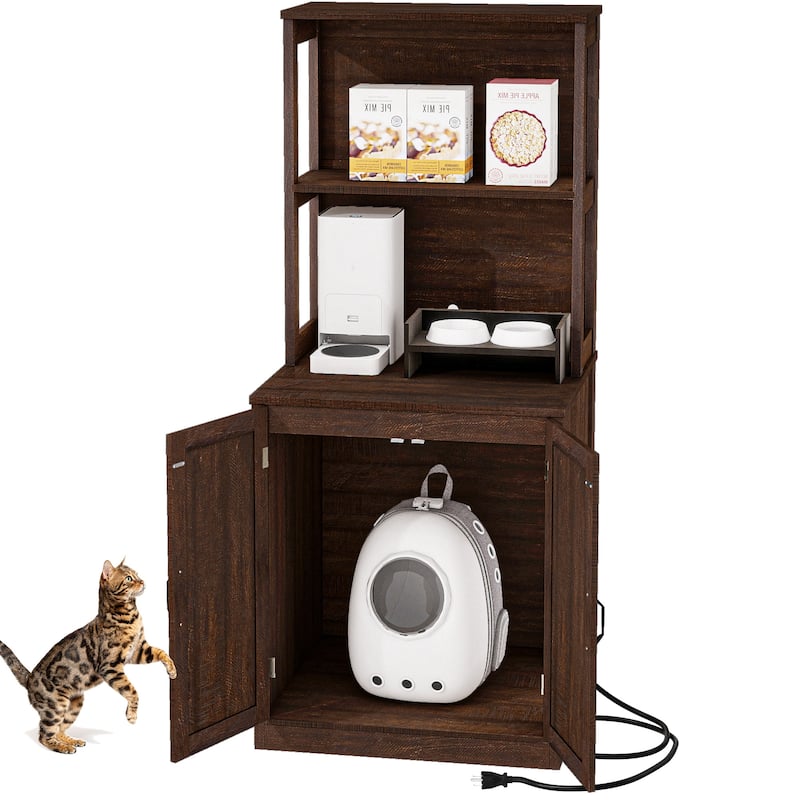Moasis 71" Tall Hidden Cat Litter Box Enclosure Furniture with Charging Station for Self-Cleaning Litter Boxes - Brown