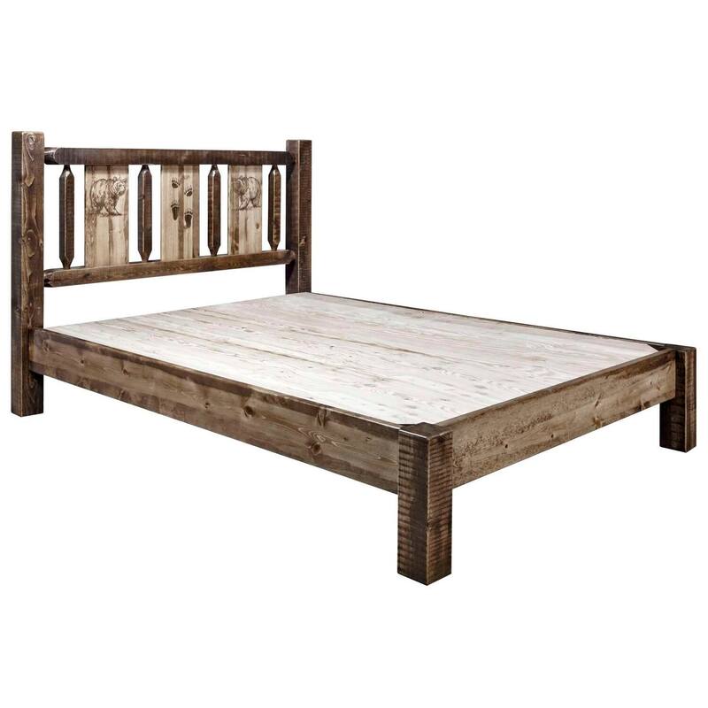 California King Bed - Rustic Platform Design, Laser Engraved Headboard, Clear Lacquer Finish