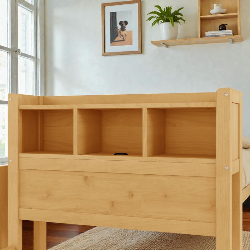 Wood Bed with Storage Headboard, Drawers and Pull Out Cabinet, Twin Full Bed with LED Light and Socket