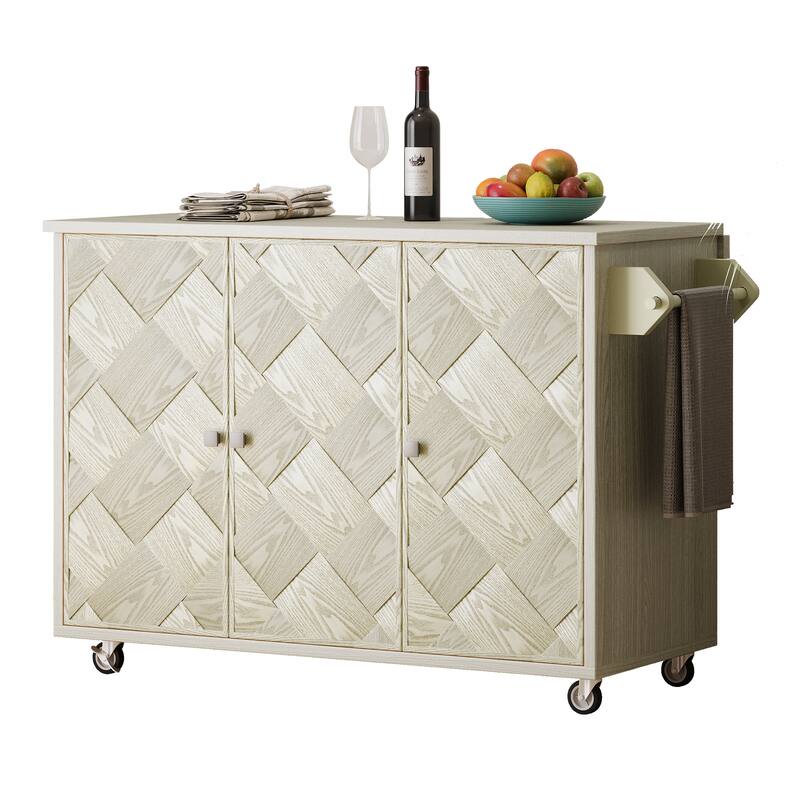 Modern 51.2" Kitchen Island with Drop Leaf and Handwoven Ash Veneer Doors, Internal Storage Racks on Wheels