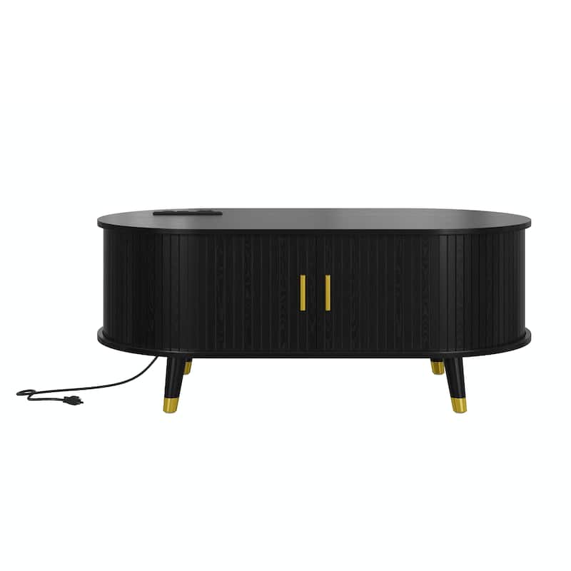 Mid-Century Modern Oval Coffee Table with Sliding Tambour Door, Charging Station and Solid Wood Legs, for Living Room