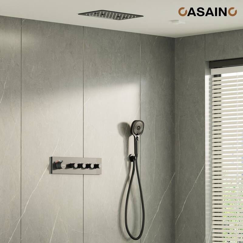 Luxury Thermostatic Shower System 3-Spray Patterns Ceiling Mount Fixed Rain Waterfall Shower Head and Handheld Spray Combo