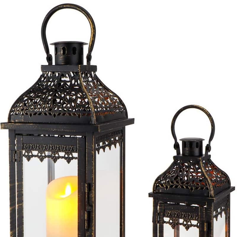 Set of Two Black Distressed Filigree Metal Tabletop Lantern Candle Holders