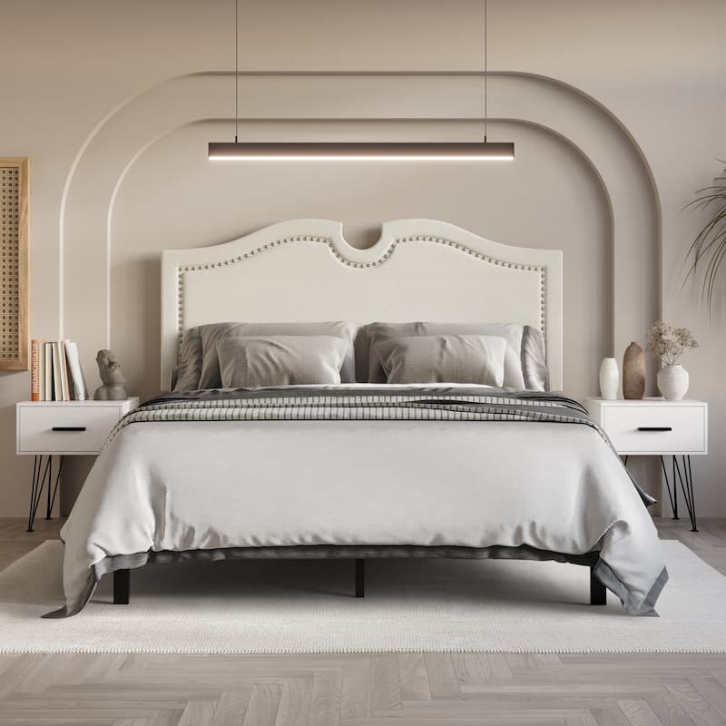 CraftPorch Modern Linen Nailhead Curvaceous Upholstered Bed