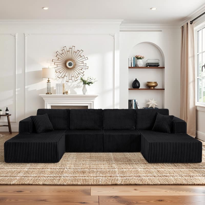 U-Shaped Modular Sectional Sofa with Dual Chaise Lounges, Oversized Corduroy Boneless Couch, Compressed Sofa with Pillows