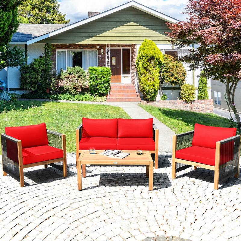Costway 4 PCS Wood Outdoor Patio Furniture Set with Cushions White Red - See Details
