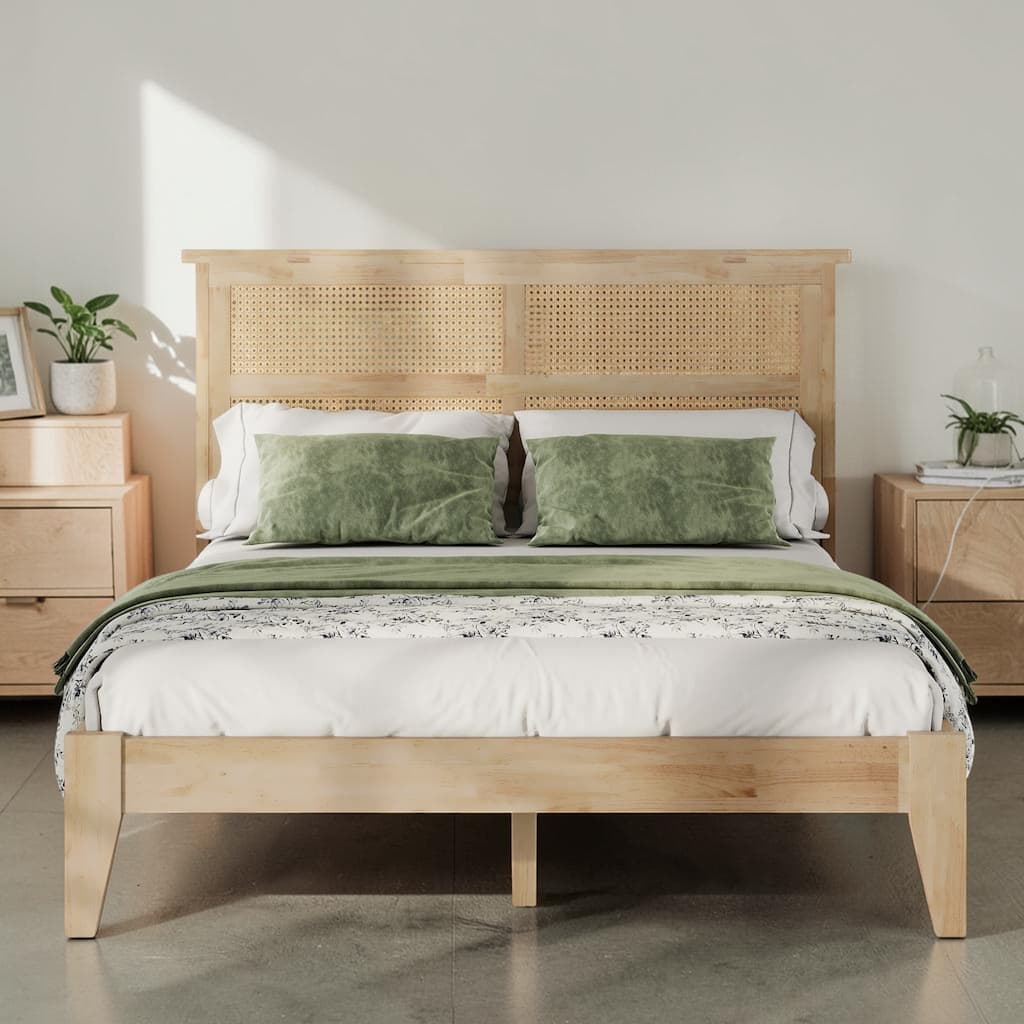 Solid Wood Platform Bed with Rattan Headboard, Rubber Wood Bed Frame with Underbed Storage Space
