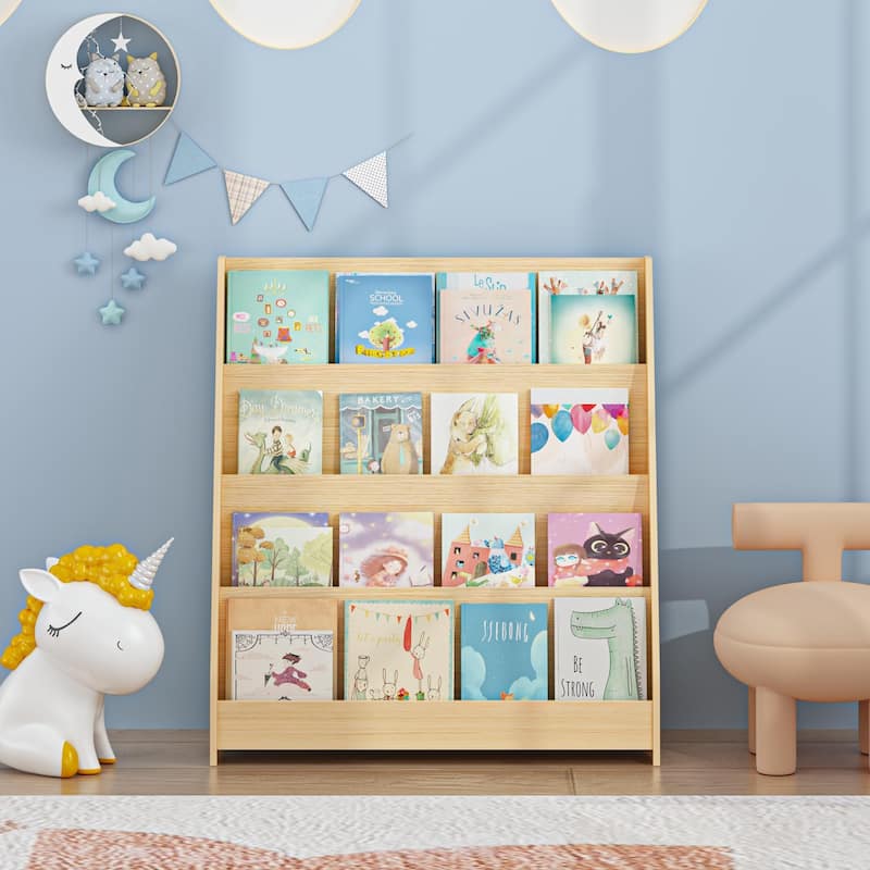 4-Tier Kids Bookshelf, Toddler Book Display Shelves, Helps Keep Bedrooms, Playrooms, and Classrooms Organized,Natural