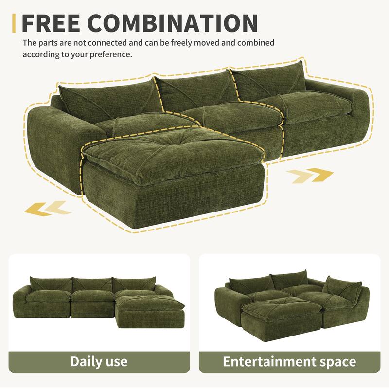 L-Shape Sectional Sofa with Ottoman, Chenille Sofa with Integrated Backrest & Seat Cushion, Fully Compressed Foam 4 Seat Sofa