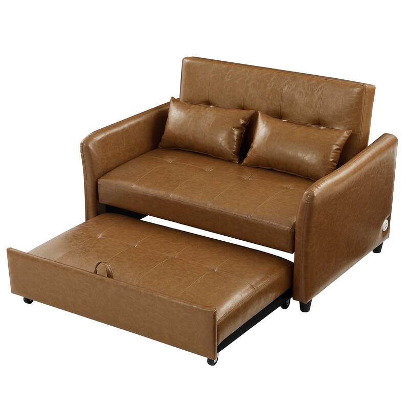 51.57" PU Convertible Sleeper Sofa with 3 USB Ports, 400lb Capacity, and Pull-Out Bed Mechanism