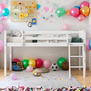 Modern Full Size Wood Low Loft Bed with Convertible Ladder Can be Placed on The Left or Right for Bedroom