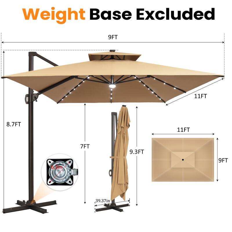 Solar LED Light 9 x 11FT Rectangular Outdoor Cantilever Patio Daul Top Umbrella without Base
