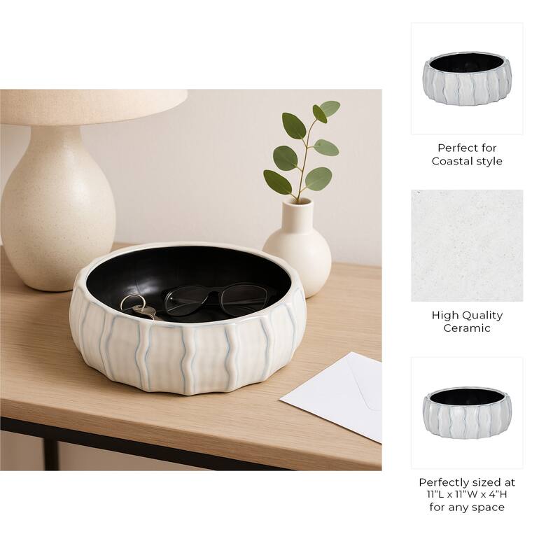 Coastal Ceramic Sea Urchin Decorative Bowl - 11", White & Blue - 11.0"