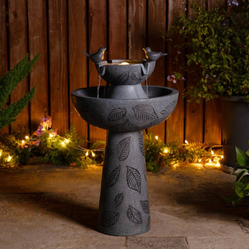 Glitzhome Birdbath Polyresin Outdoor Fountain with Birds, Pump and LED Light