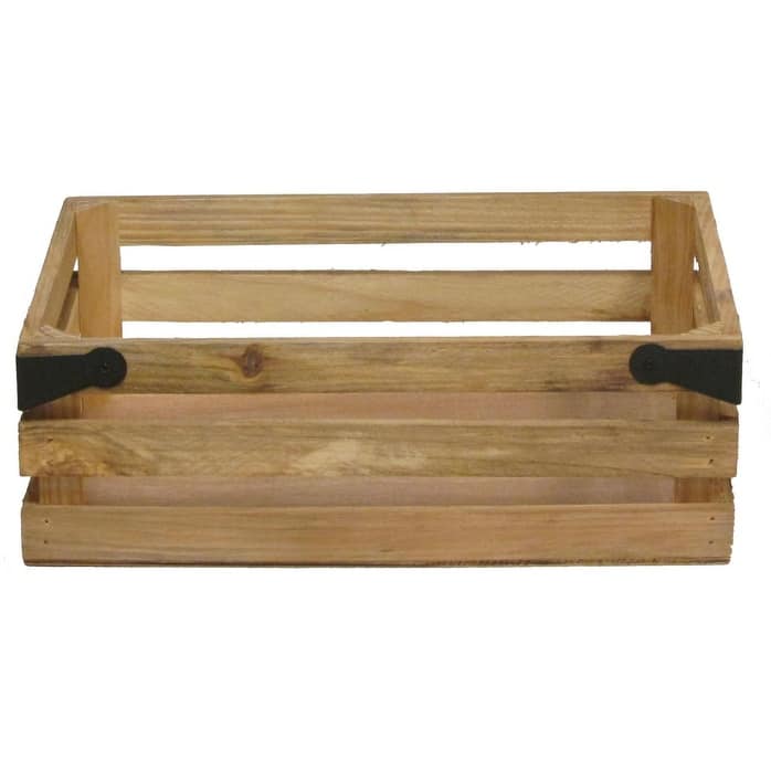 Natural wood crate with metal corner design