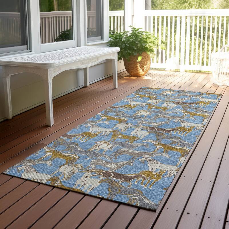 Machine Washable Indoor/ Outdoor Horse Herd Chantille Rug - Denim - 2'3" x 7'6"