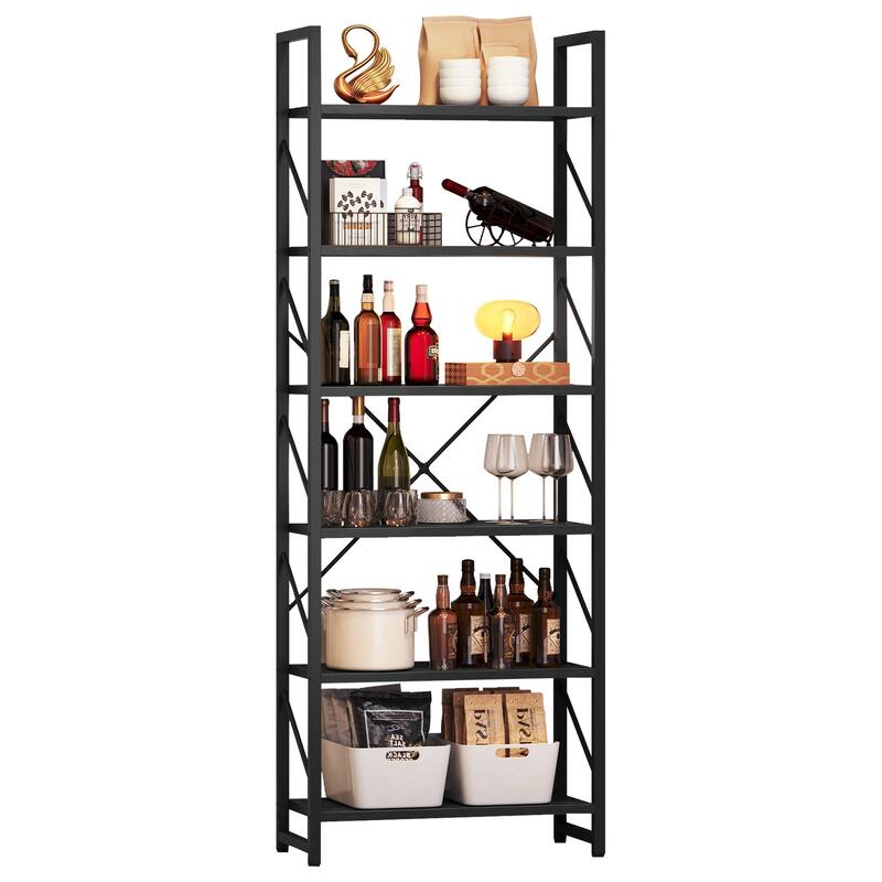 Moasis 6-Tier Bookshelf Open Storage Display Rack Industrial Bookcase - Black