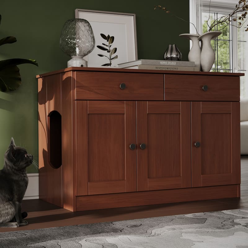 Palace Imports 100% Solid Wood Ziva 3-Door Cat Litter Box Enclosure with 2-Drawers - Mocha