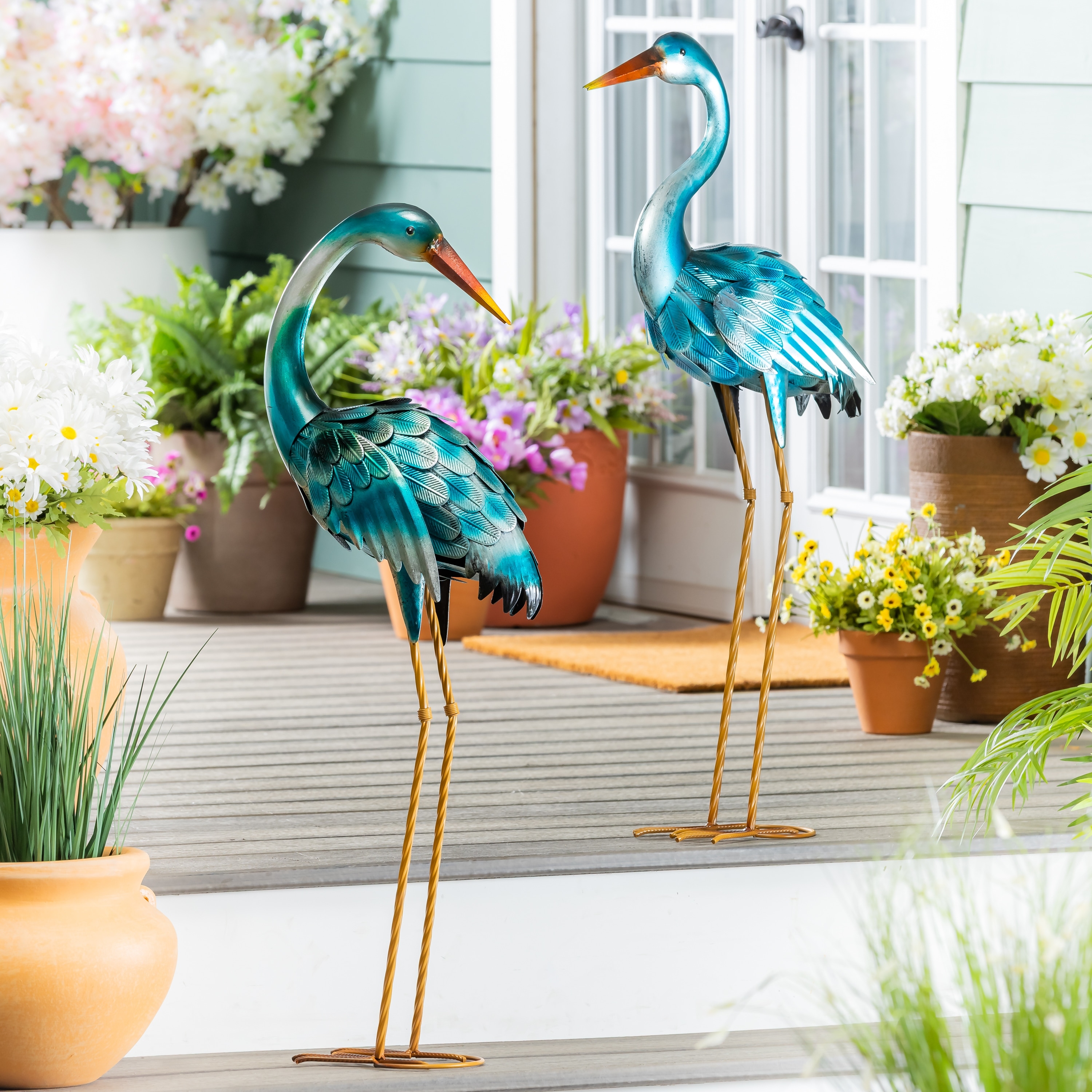 35" Metal Blue Heron Pair