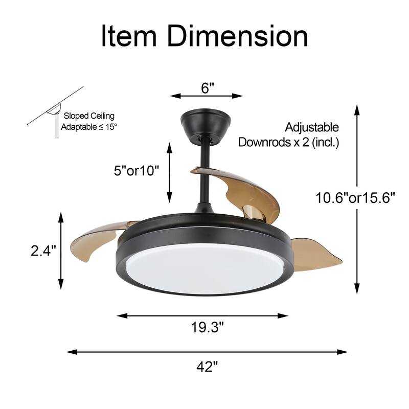 Bella Depot 42" Retractable Ceiling Fan with LED Light, 6-Speed Reversible Ceiling Fan with Remote Control - 42 inches