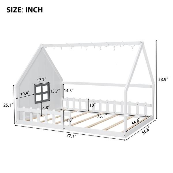 dimension image slide 0 of 3, Full Size Wood House Montessori Floor Bed with Window and Fence