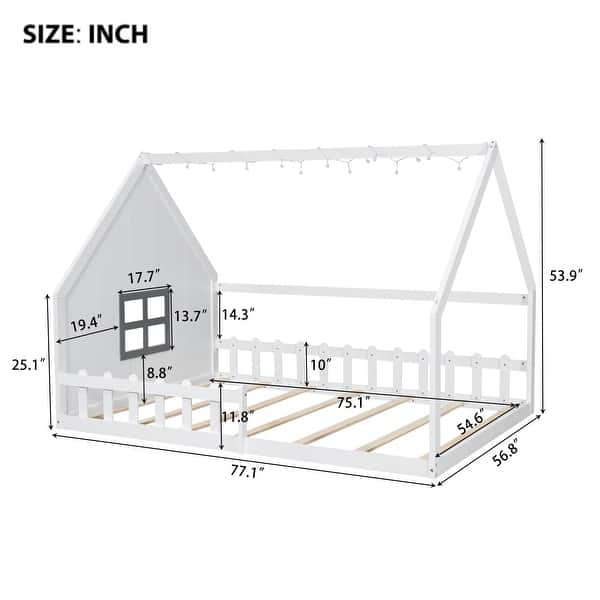 dimension image slide 0 of 3, Wood Full Size House Floor Bed with Window,Fence and LED Lights