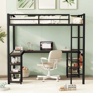 Full Metal Loft Bed with Desk and Shelves