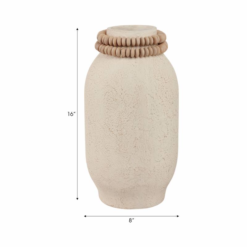 Pottery Mango Wood Vase Textured Surface and Removable Beaded Accent