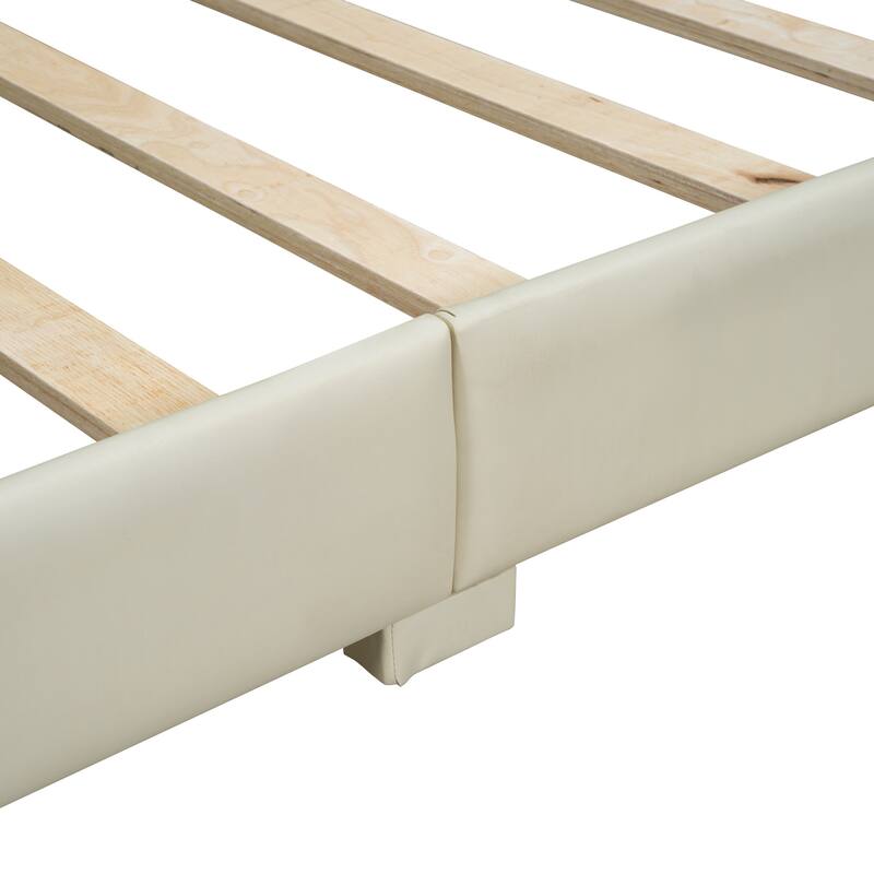 Queen & Twin XL Upholstered Platform Bed, PU Leather, Beige, Mother & Child Design