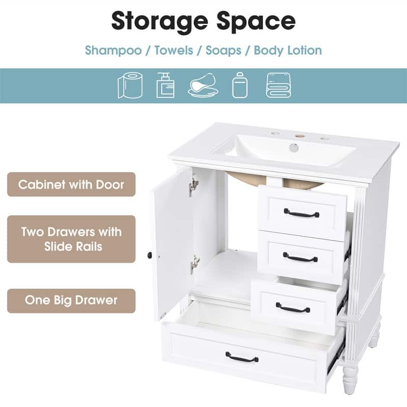 30" Bathroom Vanity with Ceramic Sink Top, Modern Bathroom Storage Cabinet with 1 Door, 3 Drawers and Solid Wood Legs