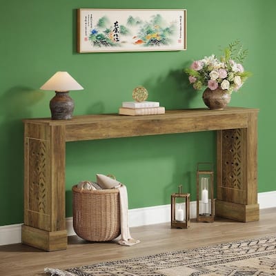 Brown MDF Retro Console Table with Double Pedestal and Storage - 63” L x 11.81” W x 31.5” H