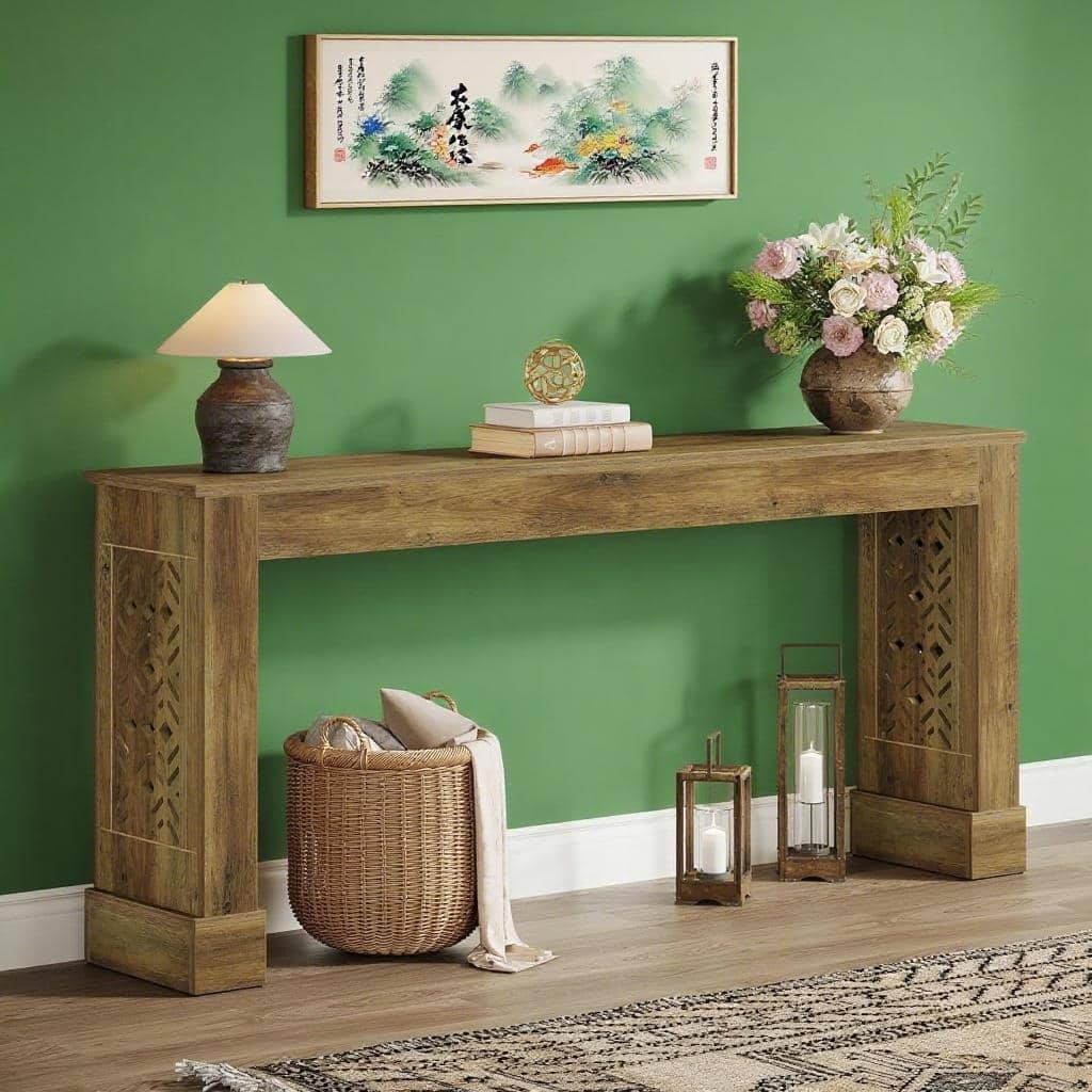 Brown MDF Retro Console Table with Double Pedestal and Storage - 63” L x 11.81” W x 31.5” H