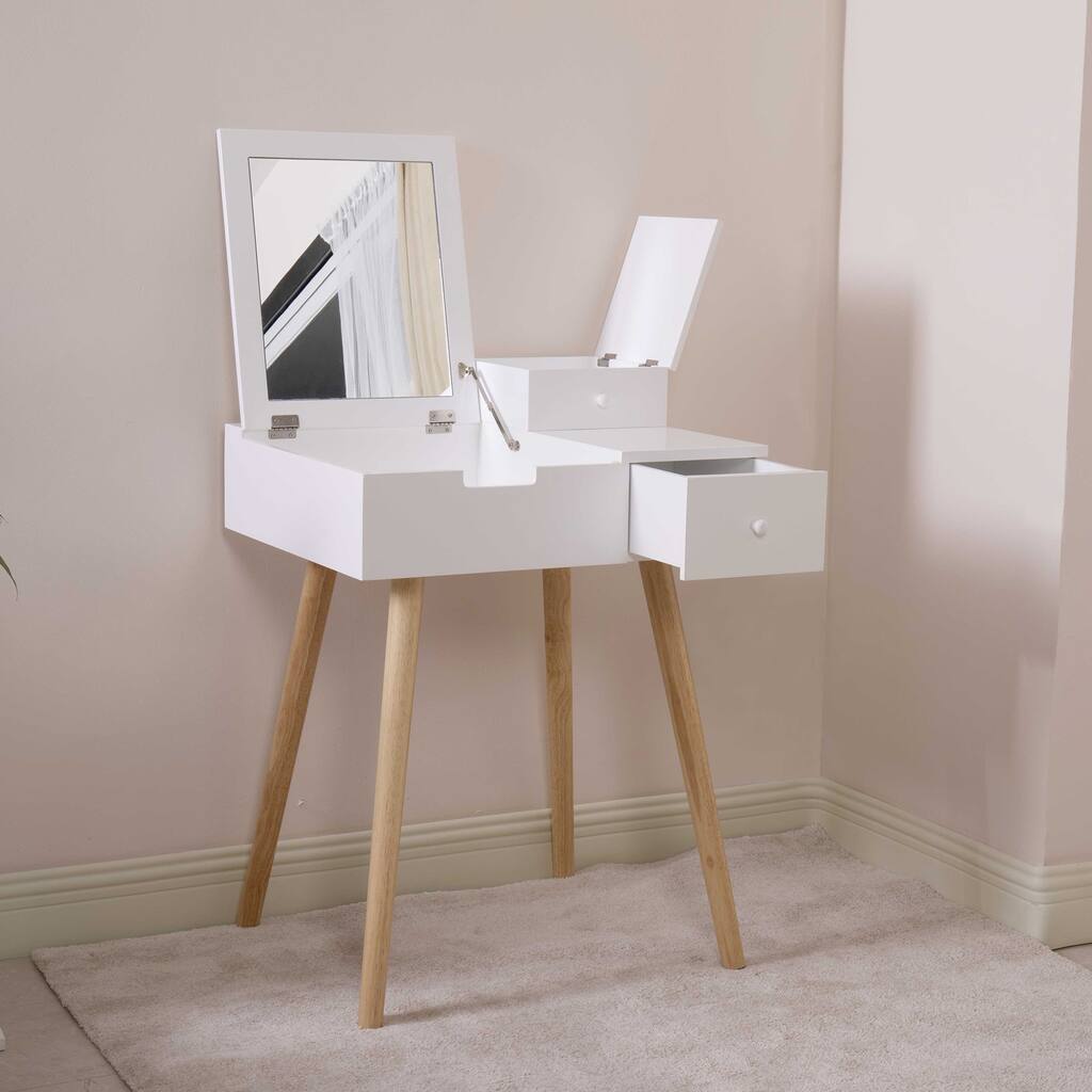 Wooden Vanity Desk Fliptop Dressing Mirror Writing tabl,White