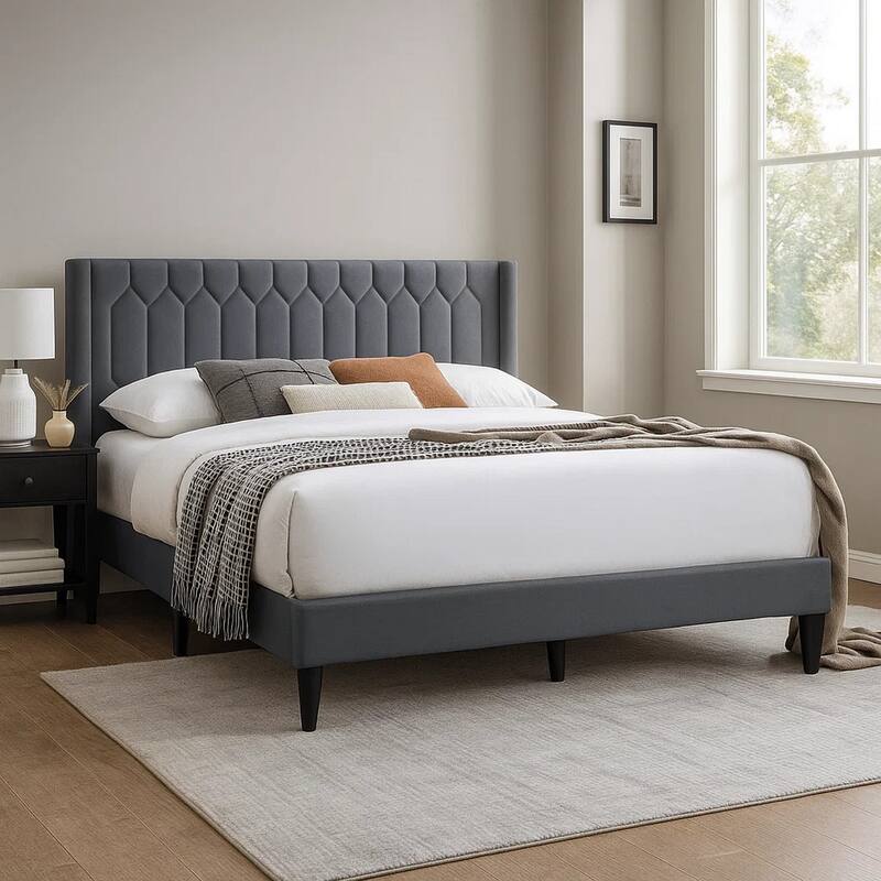 Liana Full Bed, Tufted Charcoal Gray Burlap Upholstery, Foam Padding